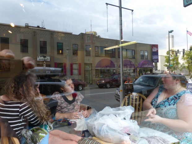 Sierra, Anda, and Saro working on the education scholarship quilt at Side Street Espresso (9.2.14, Anchorage, AK)